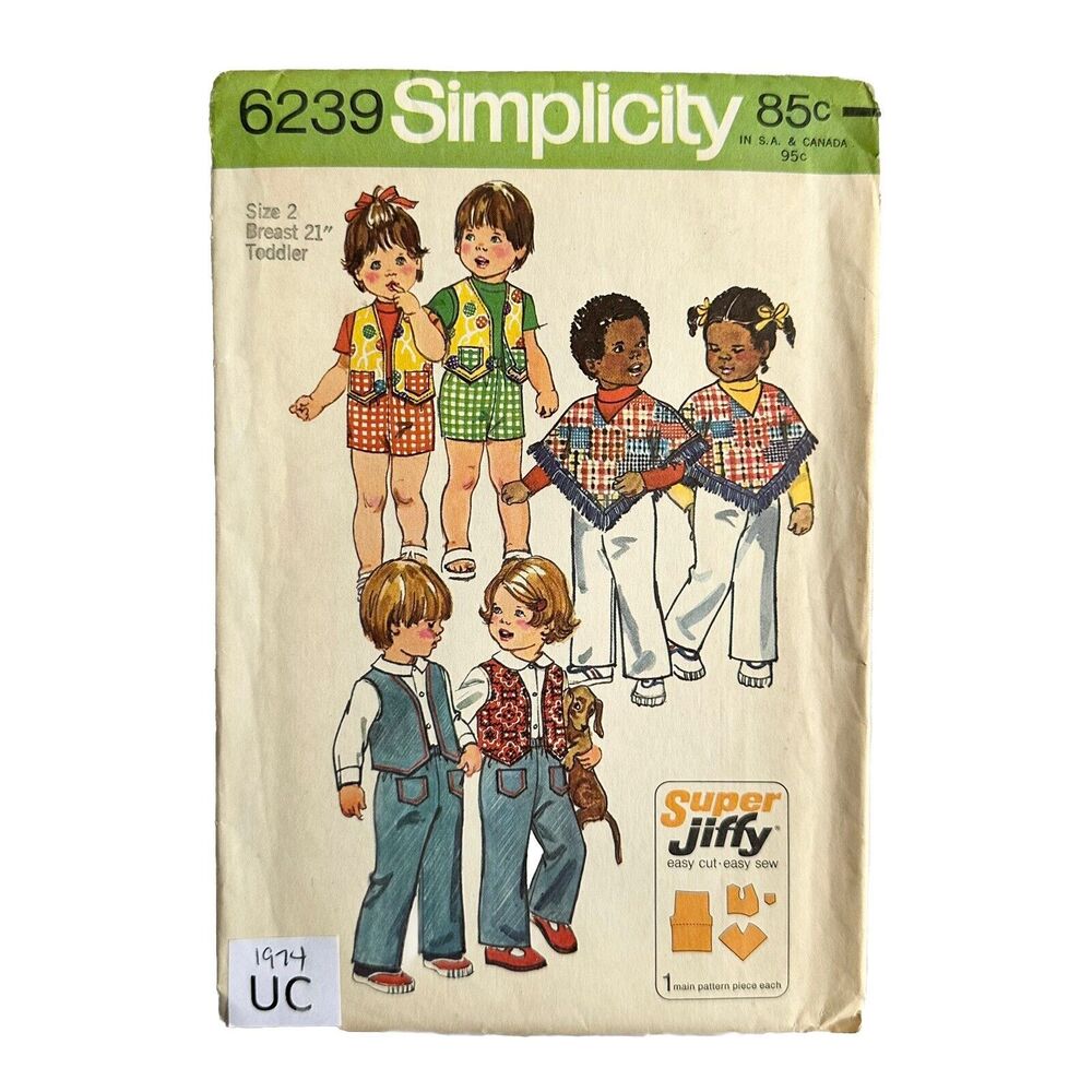 Vtg Simplicity 6239 Kids Sz 2T EASY Sewing Pattern Pants Vest Poncho Outfit